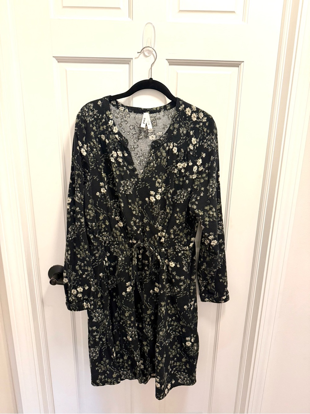 Pact Dark Green Floral Wrap-Style Long Sleeve Dress